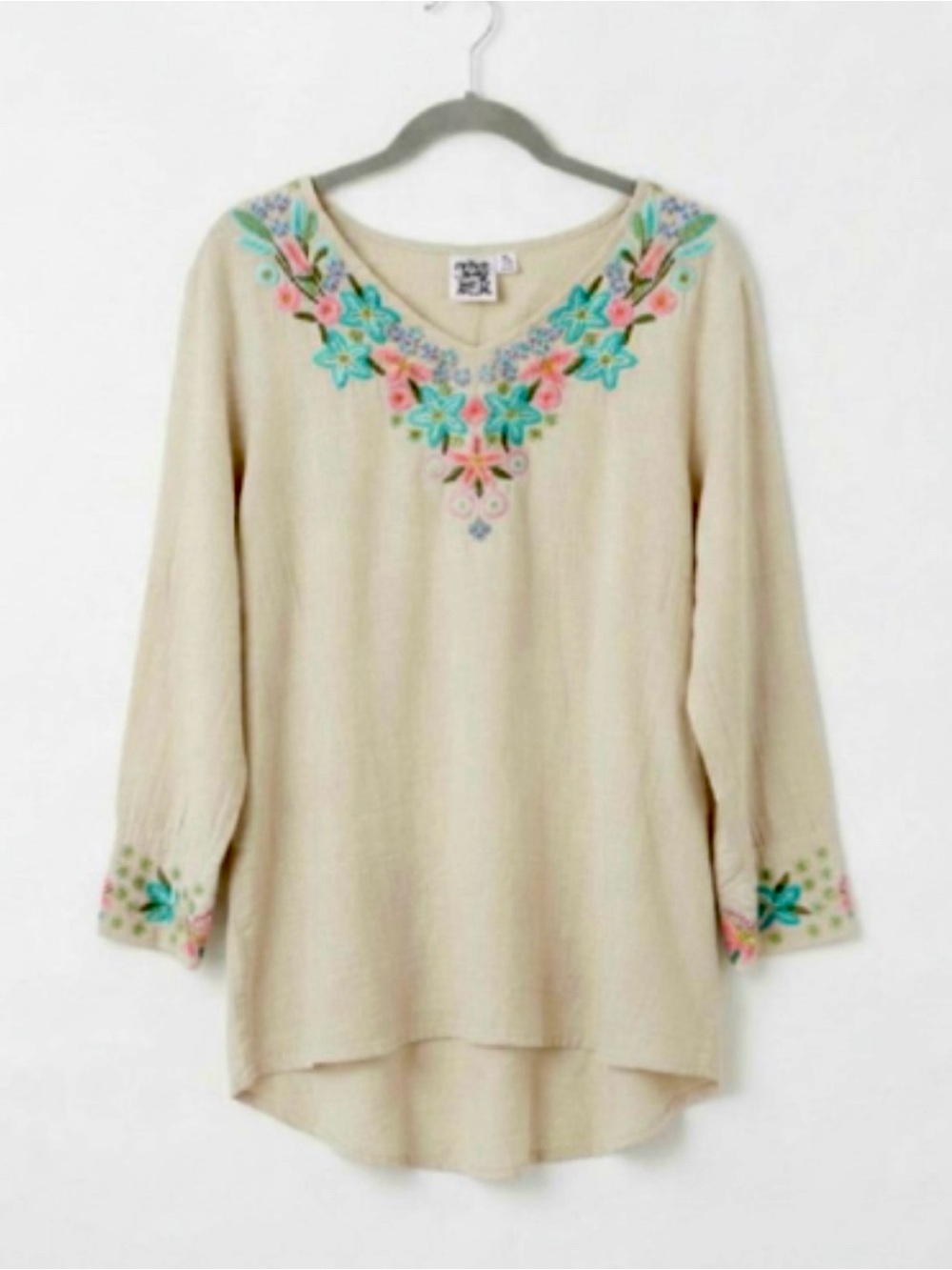 Parsley & Sage Lagenlook Embroidered Linen Boho Tunic Top Cream XL EUC